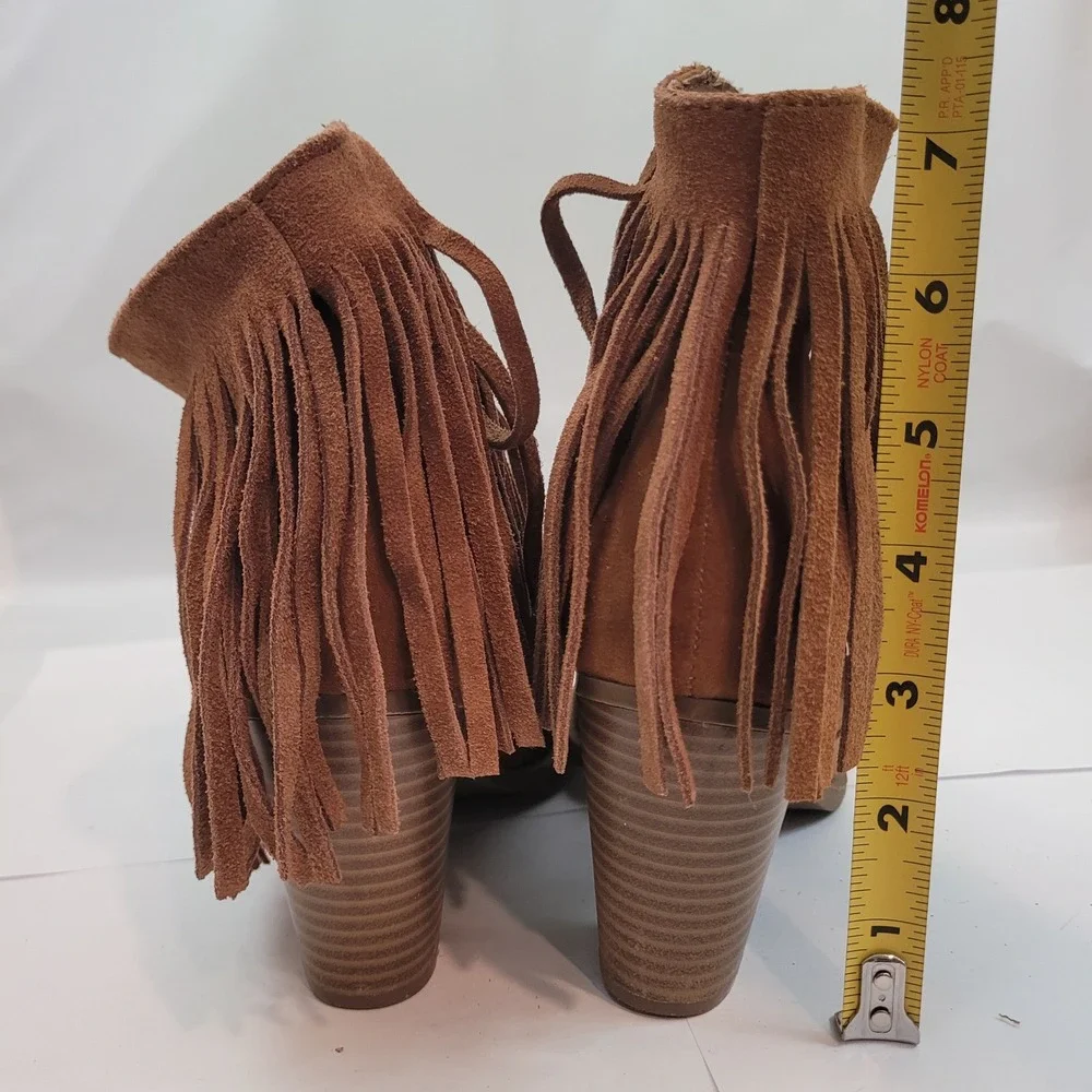 Target Fringe Ankle Boots Womens 6.5 Cognac Brown Leather Block Heel Booties
